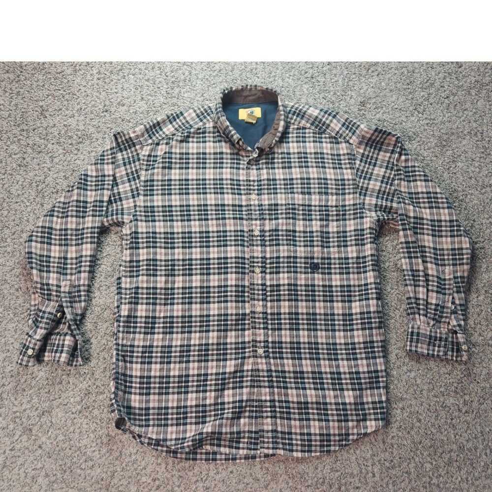 Duck Head Plaid Button Down Shirt Large Blue Tan Mens Casual Cotton Long Sleeve
